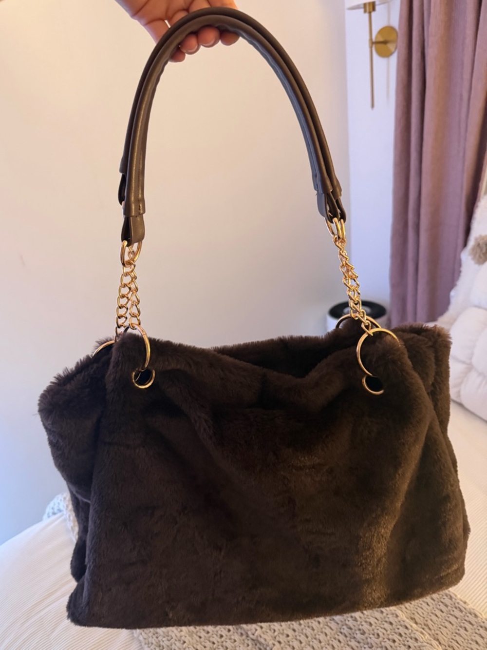 Plush Faux Fur Shoulder Bag in Dark Brown with Gold Chain Accents